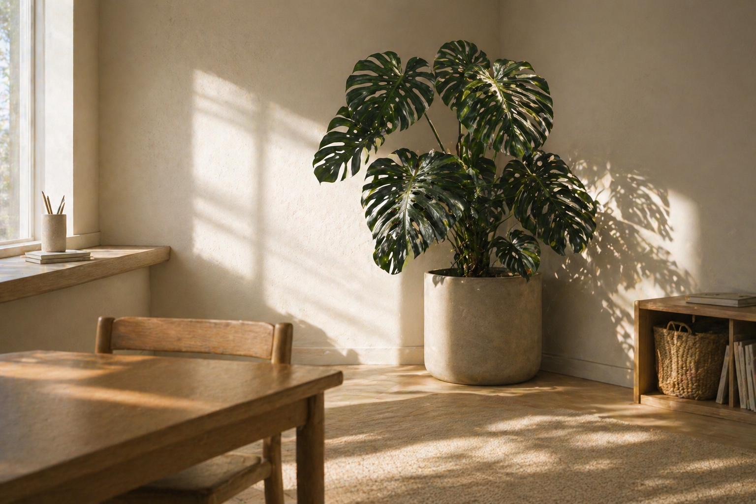 Chelsi's Ballito practice room — calm cream walls, monstera in raking morning light.