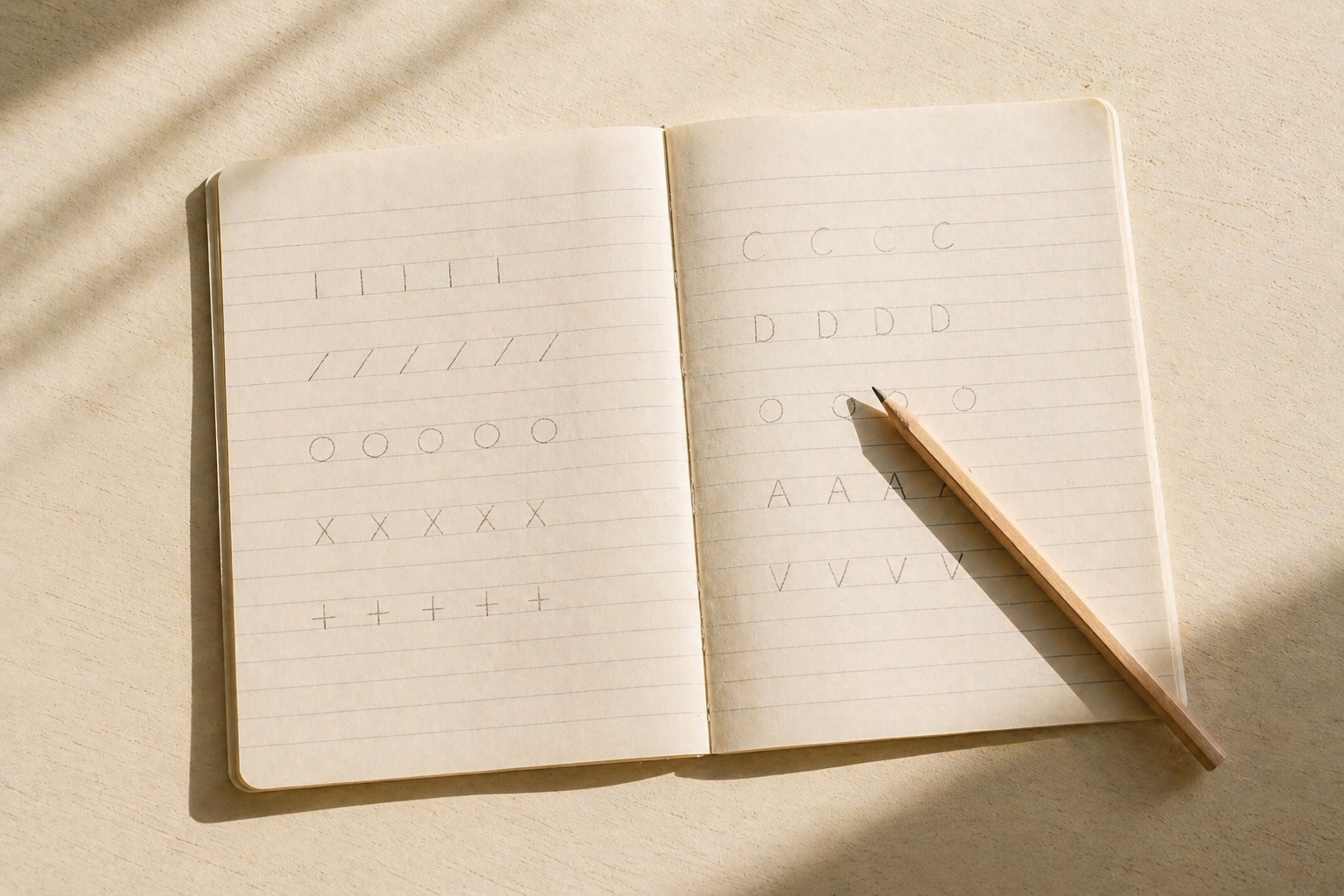 A notebook page of practised letters in pencil.