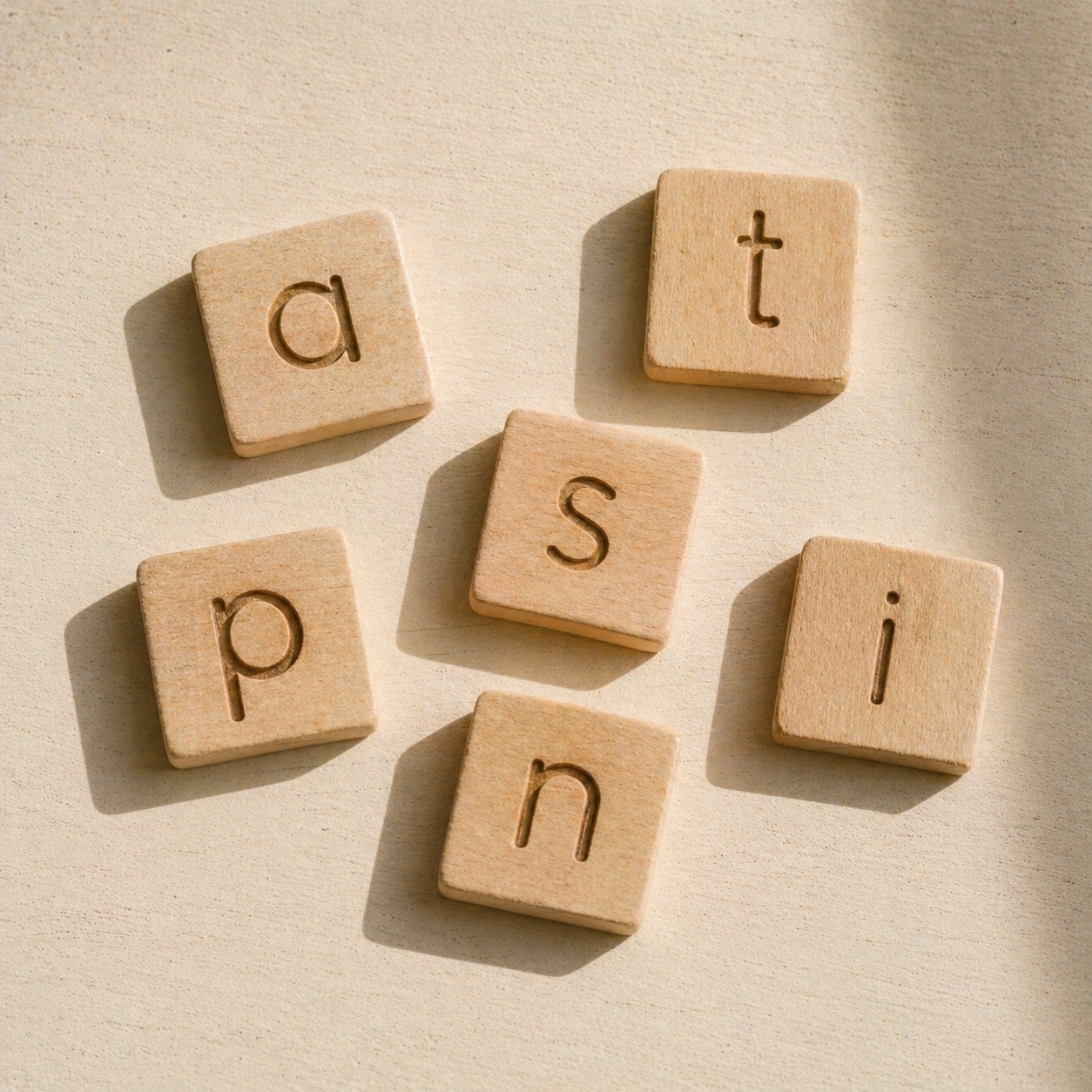 Wooden alphabet tiles arranged in the SATPIN starter sequence on a cream surface.