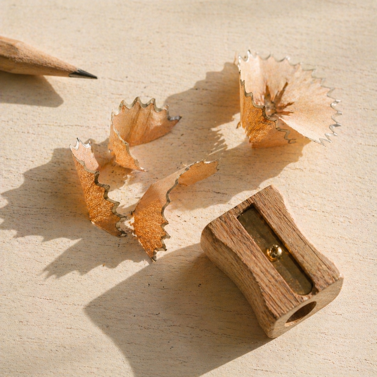 A pencil sharpener with cedar shavings on a cream desk.